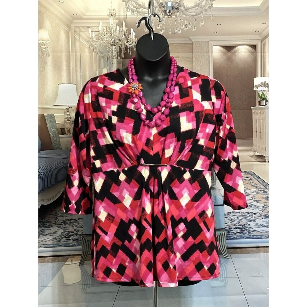 NWOT AVENUE HOT PINK/BLACK 14-16 STRETCHY V NECK BLOUSE/SHIRT/TUNIC TOP